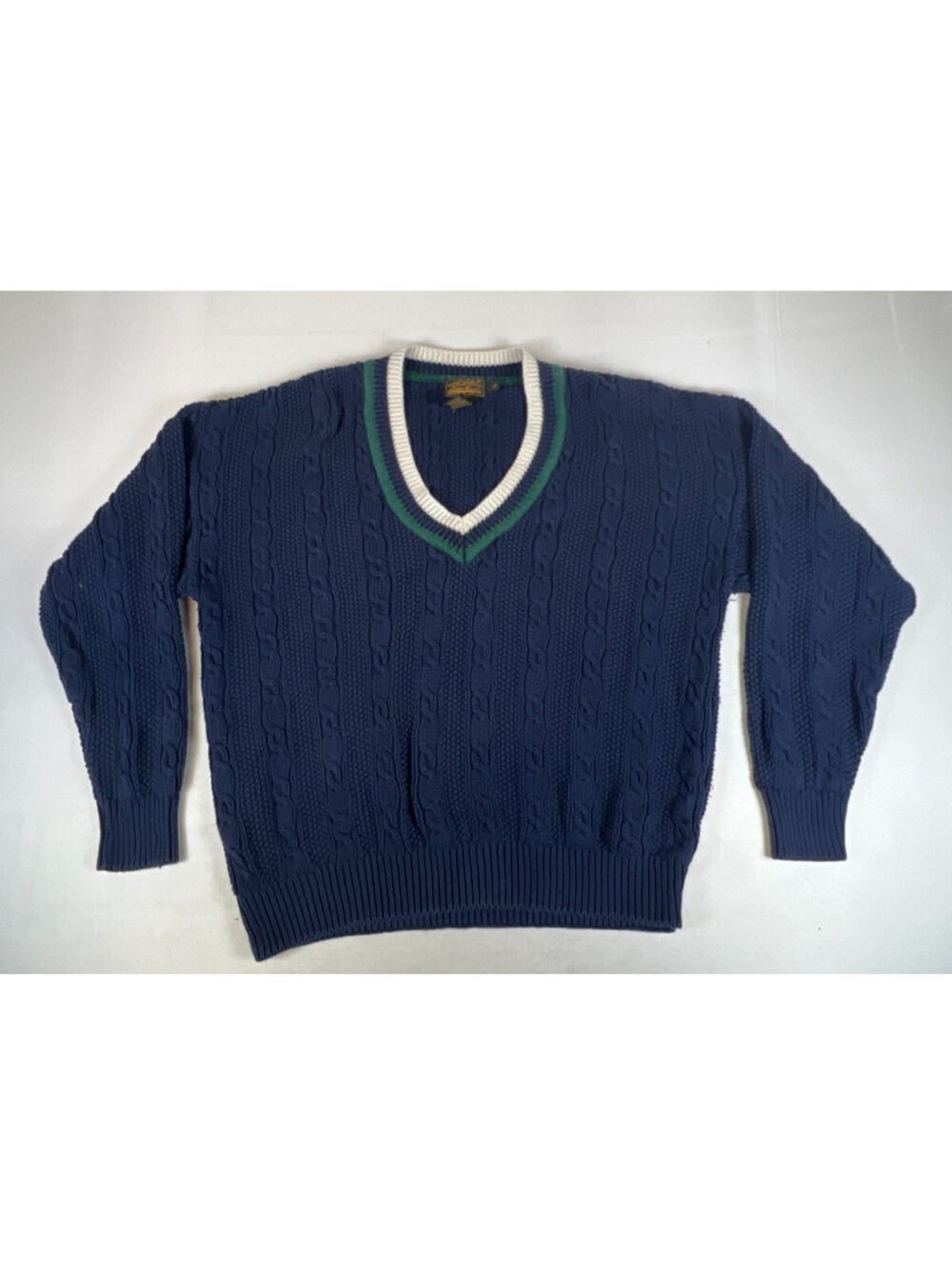Vintage Eddie Bauer Men XL Made in USA Blue Cotton Cable Knit V-Neck Sweater